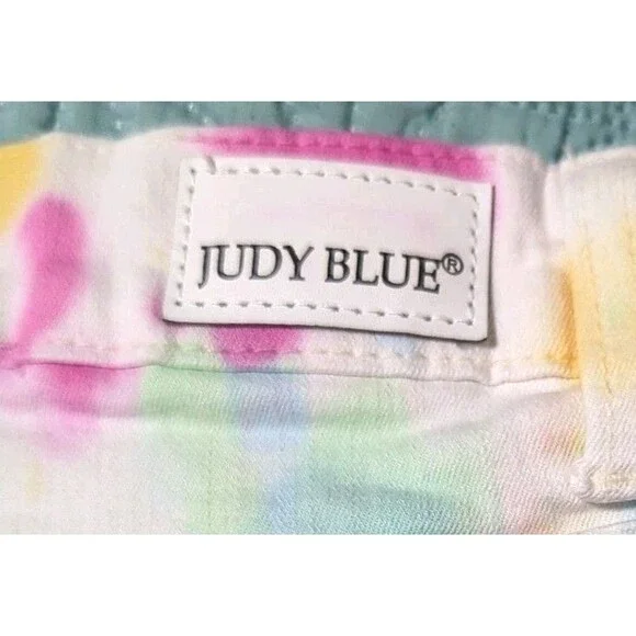 Judy Blue Women's Pastel Tie Dye Shorts Sz Large Raw Edge Mid-rise Stretch Denim - Picture 5 of 8